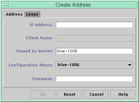 Dialog box shows Address tab, which includes fields IP Address, Client Name, Comment. Shows pull-down list called Configuration Macro.