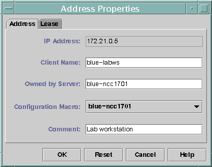 Address tab with fields called IP Address, Client Name, Owned by Server, and Comment. Also shows Configuration Macro with pull-down list.