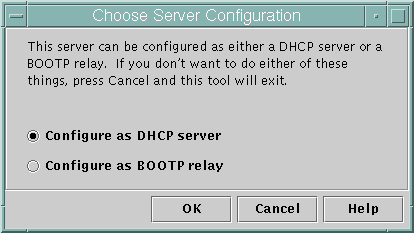 Dialog box shows options Configure as DHCP server and Configure as BOOTP relay. Shows OK, Cancel, and Help buttons.