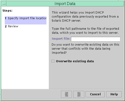 Dialog box lists steps to import data from a file. Shows Import File field and Overwrite existing data check box.