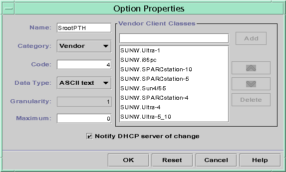 Dialog box shows current properties of selected option. Shows Vendor Client Classes and Notify DHCP server check box.