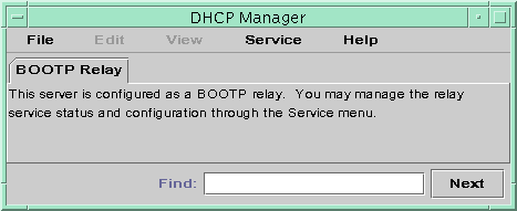 The window displays the BOOTP Relay tab, which tells you to manage the relay service through the Service menu.