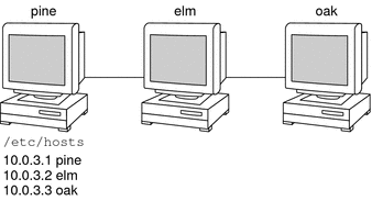 Illustration shows pine, elm, and oak machines with respective IP addresses listed on pine.
