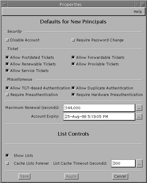 Dialog box titled Properties shows defaults for new principals and list controls. Defaults for principals cover security and other options.