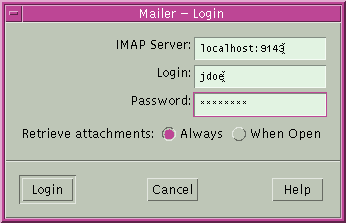 Dialog box titled Mailer - Login. The IMAP Server field shows the server name followed by a colon and the port number.