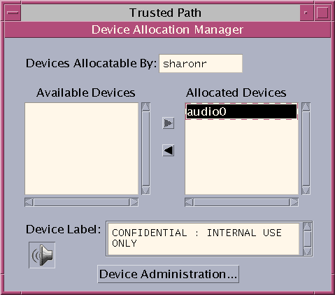 Dialog box titled Device Allocation Administration shows the devices that can be administered, and the allocation status of the audio device.