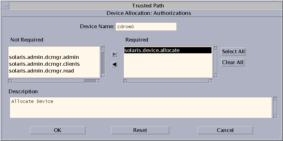 Dialog box titled Device Allocation Authorizations shows the authorizations of a device.