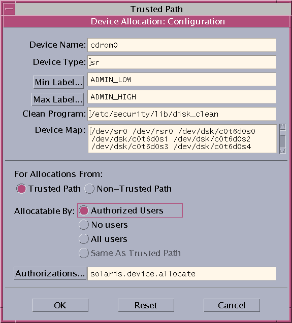 Dialog box titled Device Allocation Configuration shows the default security settings for a CD-ROM drive.