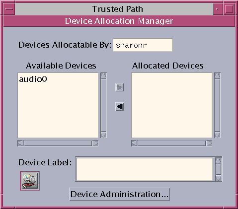 Dialog box titled Device Allocation Administration shows the default security settings for an audio device for an ordinary user.