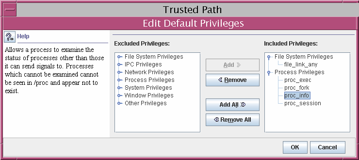 Dialog box shows the basic privilege set for a regular user.