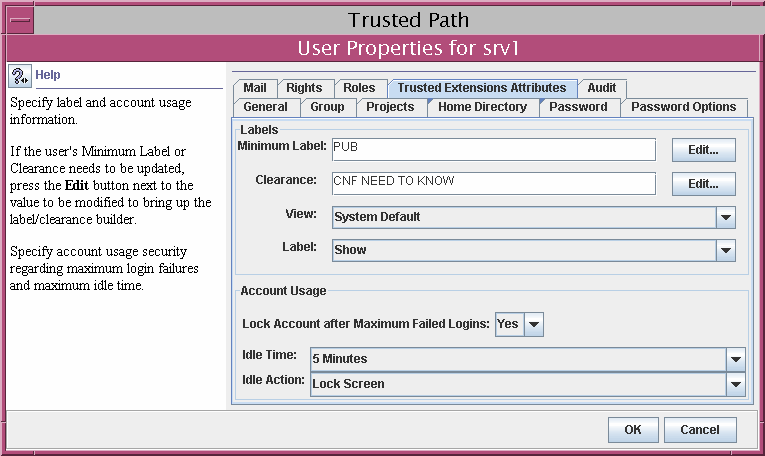 Dialog box shows the Trusted Extensions Attributes tab for a user.