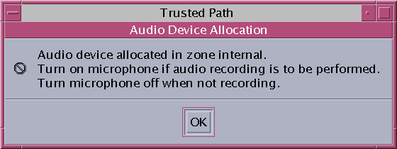 Dialog box displays warning text about microphone use.