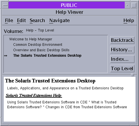 A window titled Help Viewer shows Solaris Trusted Extensions desktop help.
