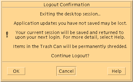 Dialog box titled Logout Confirmation shows OK, Cancel, and Help buttons. Text tells you that your current session is saved.