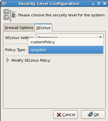 Using the Security Level Configuration dialog box to load a custom policy.