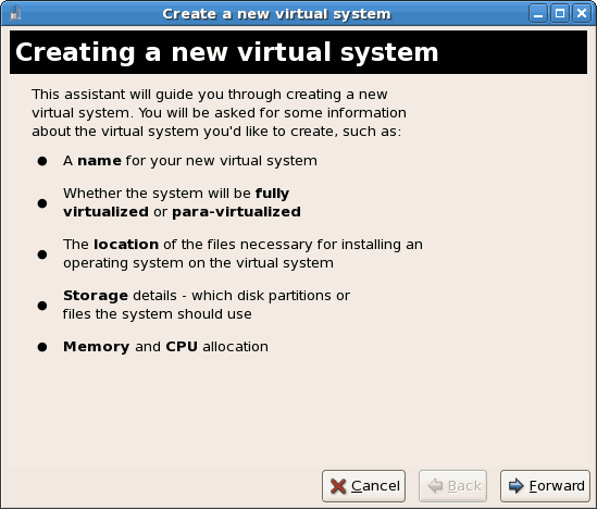 Creating a new virtual system wizard