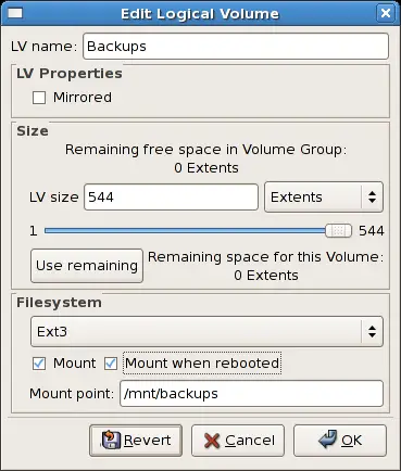 Edit logical volume - specifying mount options